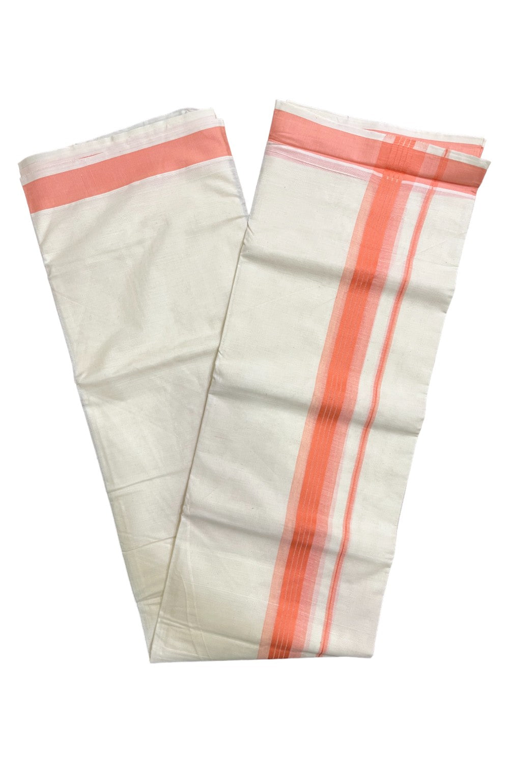 Off White Pure Cotton Kerala Mundu with Peach Kara (South Indian Kerala Dhoti)