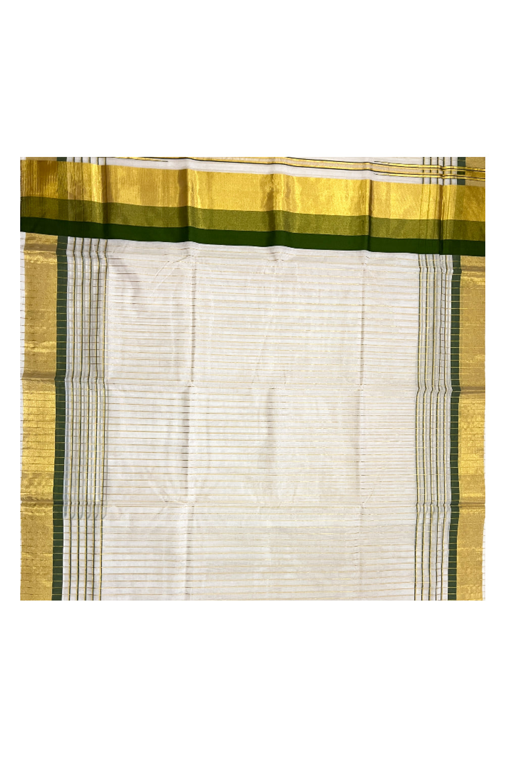 Southloom™ Premium Handloom Kerala Saree with Green Kasavu Border and Kasavu Lines Across Body