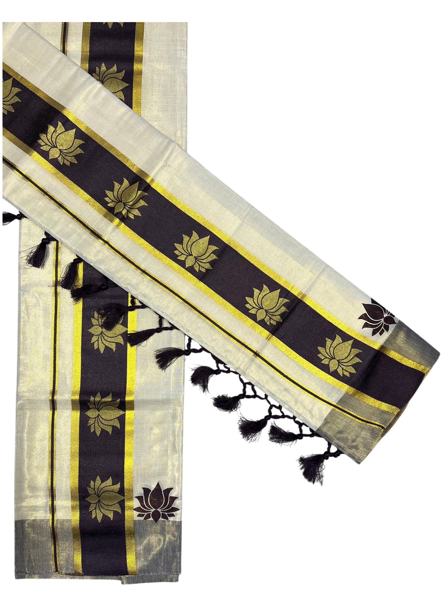Southloom Kerala Cotton Kasavu Single Set Mundu (Mundum Neriyathum) with Lotus Design in Dark Purple