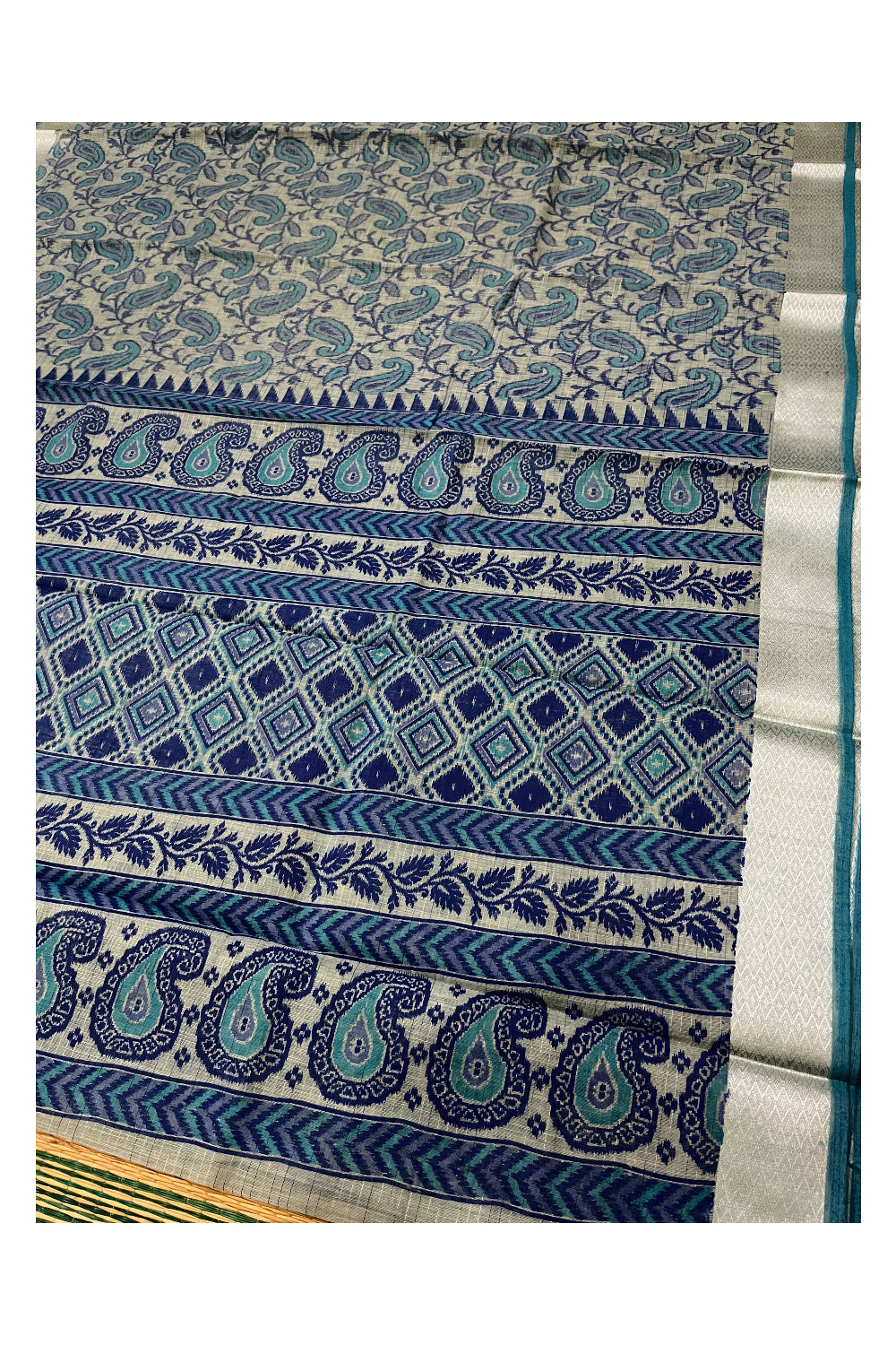 Southloom Cotton Teal Blue Paisley Printed Saree