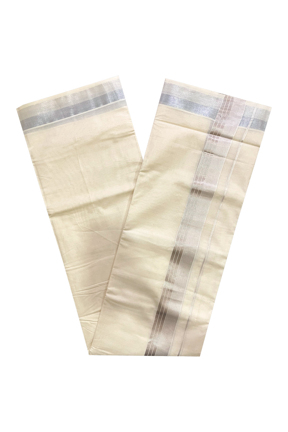 Off White Kerala Cotton Double Mundu with Silver Kasavu Lines Border (South Indian Dhoti)