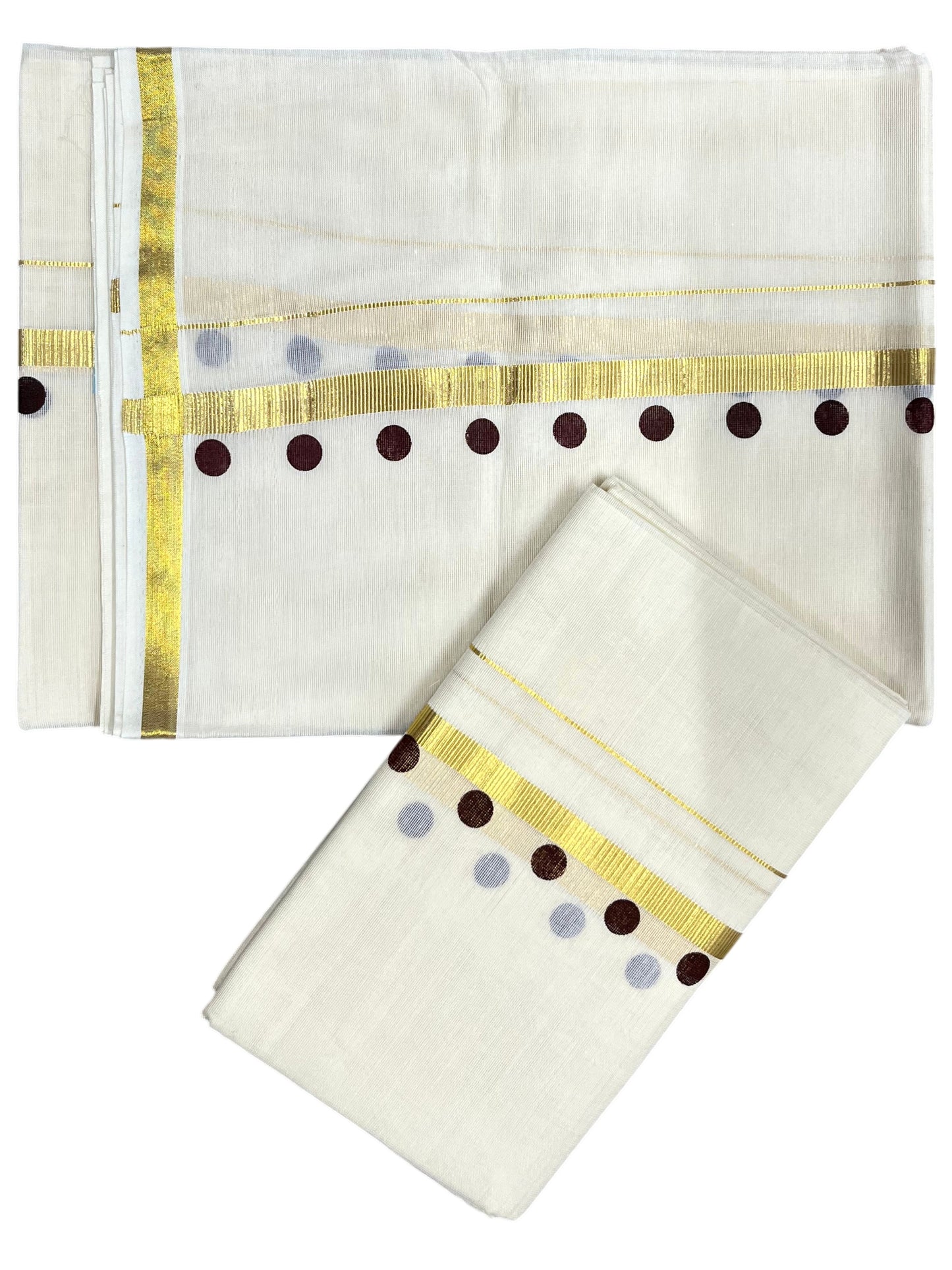 Southloom Pure Cotton Kerala Single Set Mundu (Mundum Neriyathum) with Polka Dots in Brown 2.80 Mtrs