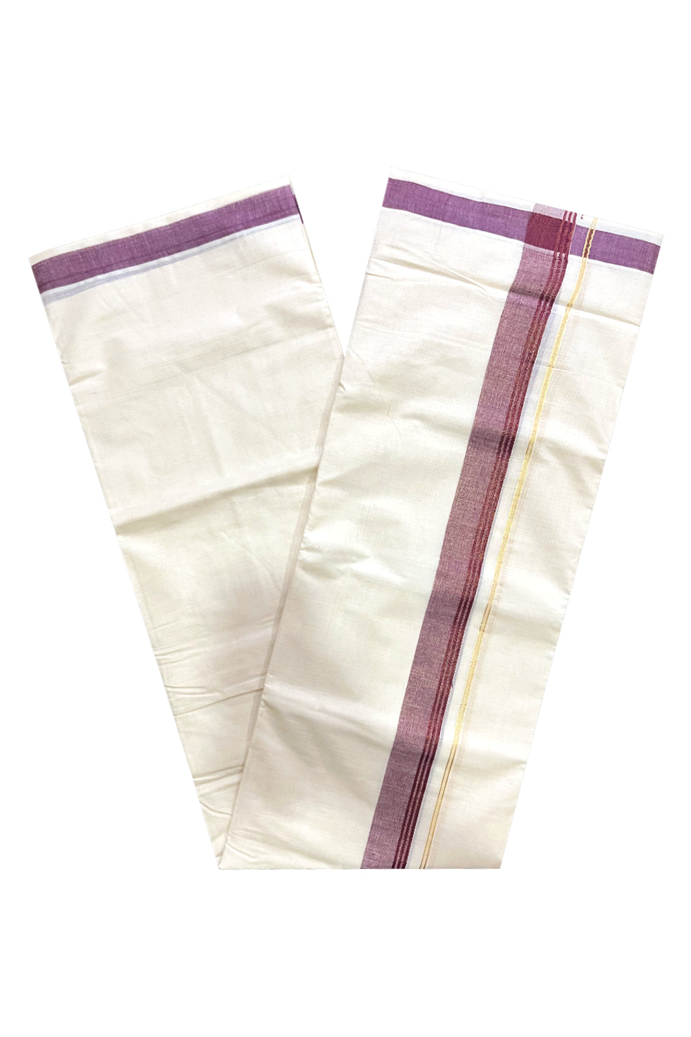 Off White Kerala Cotton Double Mundu with Kasavu and Purple Border (South Indian Kerala Dhoti)