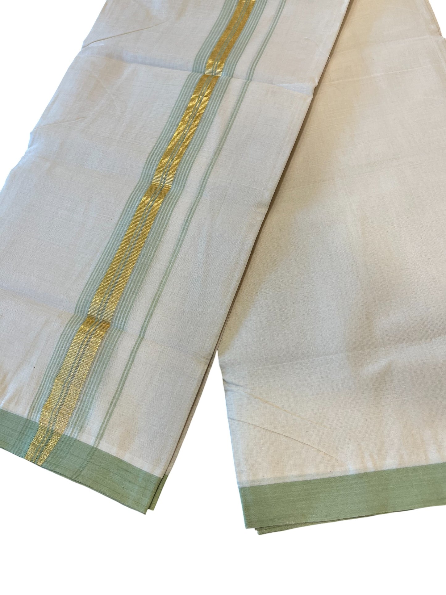 Southloom Premium Handloom Cotton Double Mundu with Gold and Green Border