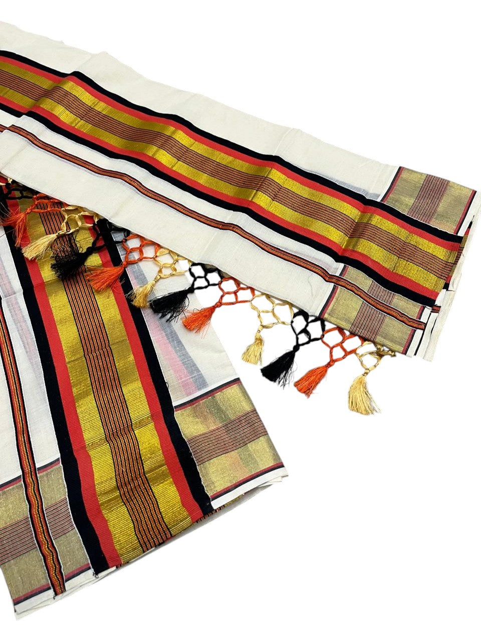 Southloom Kerala Cotton Kasavu Single Set Mundu (Mundum Neriyathum) with Orange and Gold Kasavu Lines .SLKK SL518