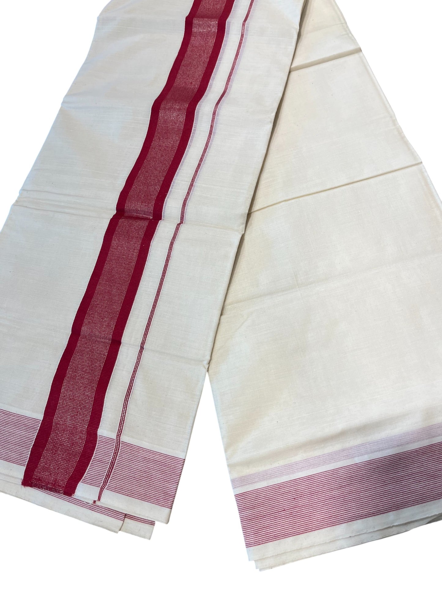Southloom Kerala Pure Cotton Double Mundu with Silver Lines & Maroon Border (South Indian Dhoti)