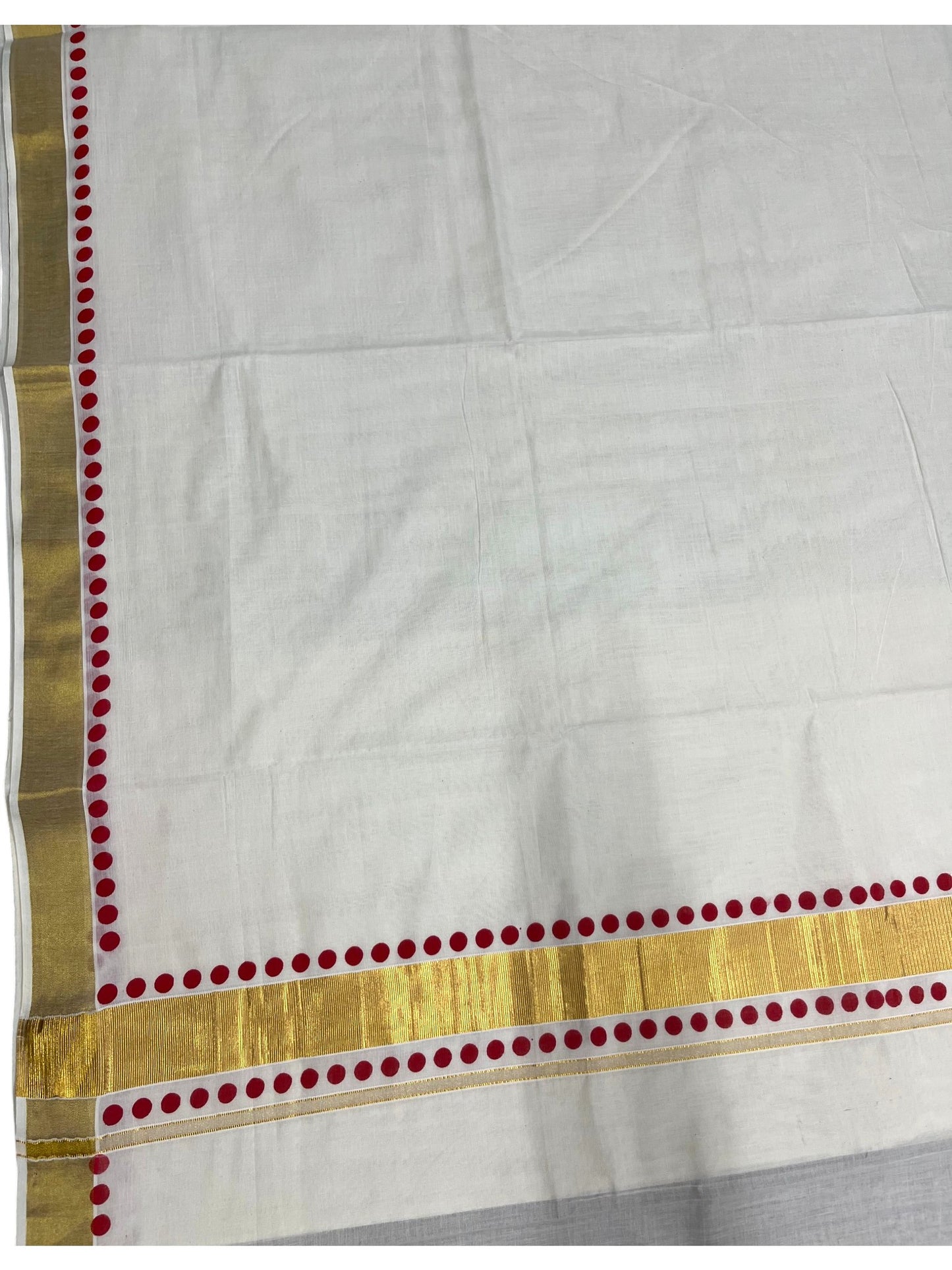Southloom Cotton Kerala Kasavu Saree with Red Polk Dots Design Border