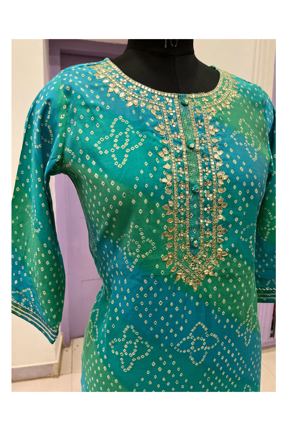 Southloom Stitched Semi Silk Salwar Set with Green Blue Prints and Sequins Works