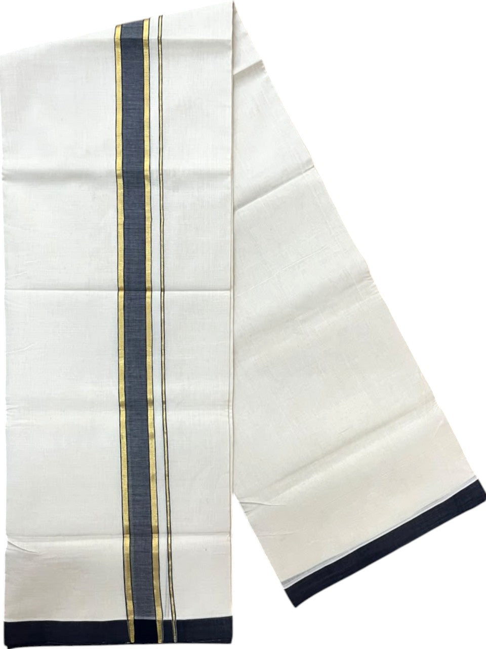 Southloom Balaramapuram Unakkupaavu Premium Handloom Cotton Double Mundu with Gold Kasavu and Black Border