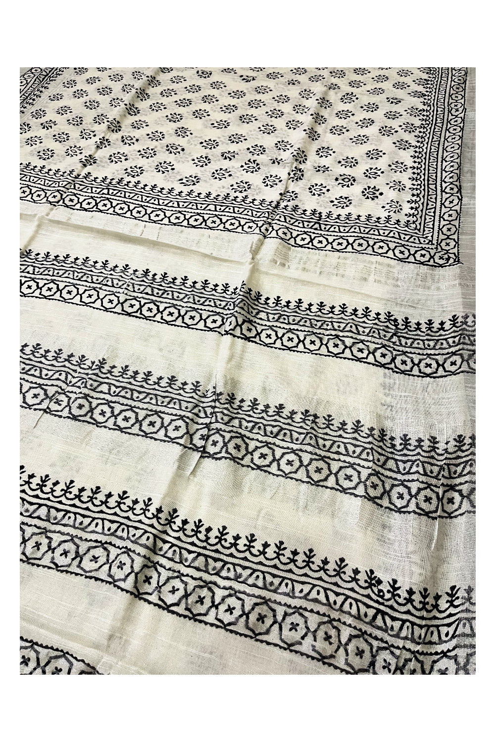 Southloom Linen Pure White Designer Saree with Black Prints and Tassels