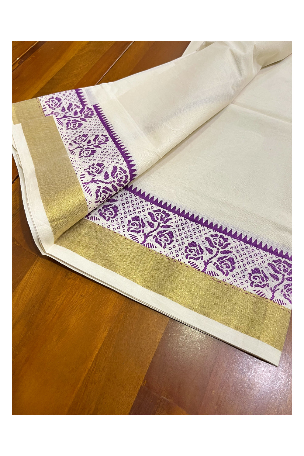 Kerala Cotton Single Set Mundu (Mundum Neriyathum) with Violet Block Prints and Kasavu Border - 2.80Mtrs