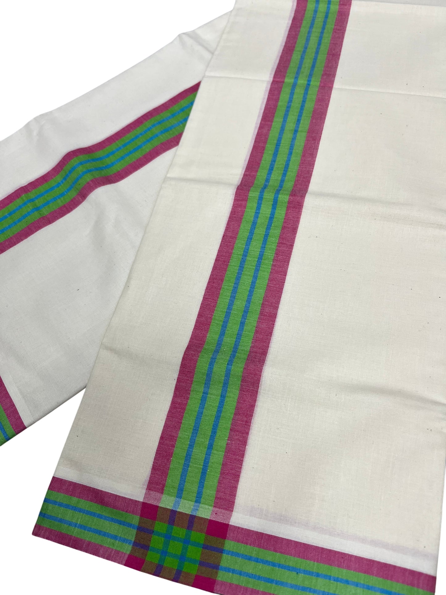 Southloom Kerala Mulloth Cotton Single Mundum Neriyathum with Pink and Green Border SL243