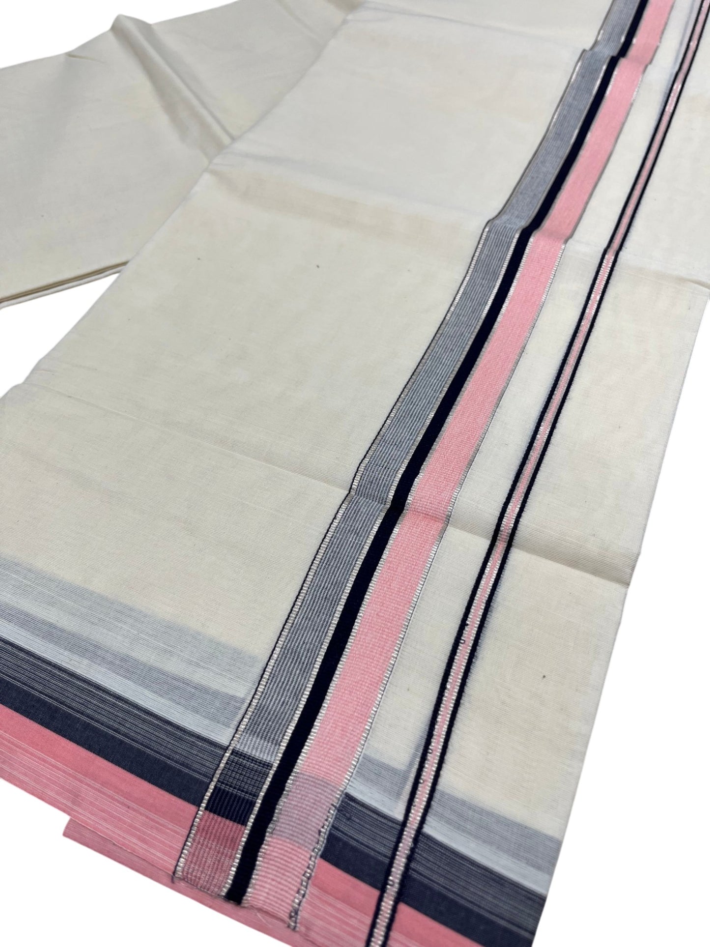 Southloom Kerala Pure Cotton Double Mundu with Peach and Blue Border with (South Indian Dhoti)