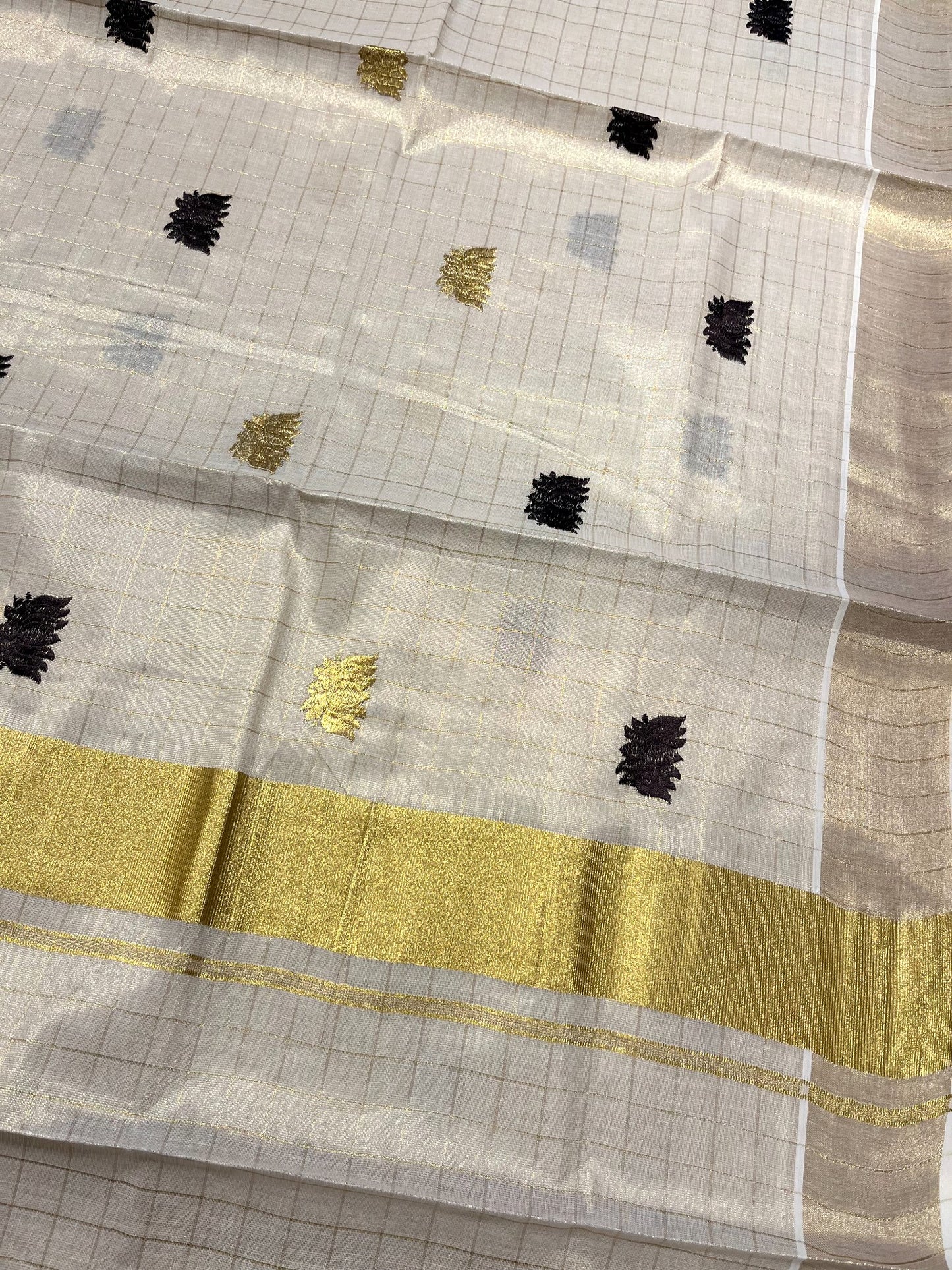 Southloom Kerala Tissue Kasavu Check Saree with Black Lotus Embroidery Works