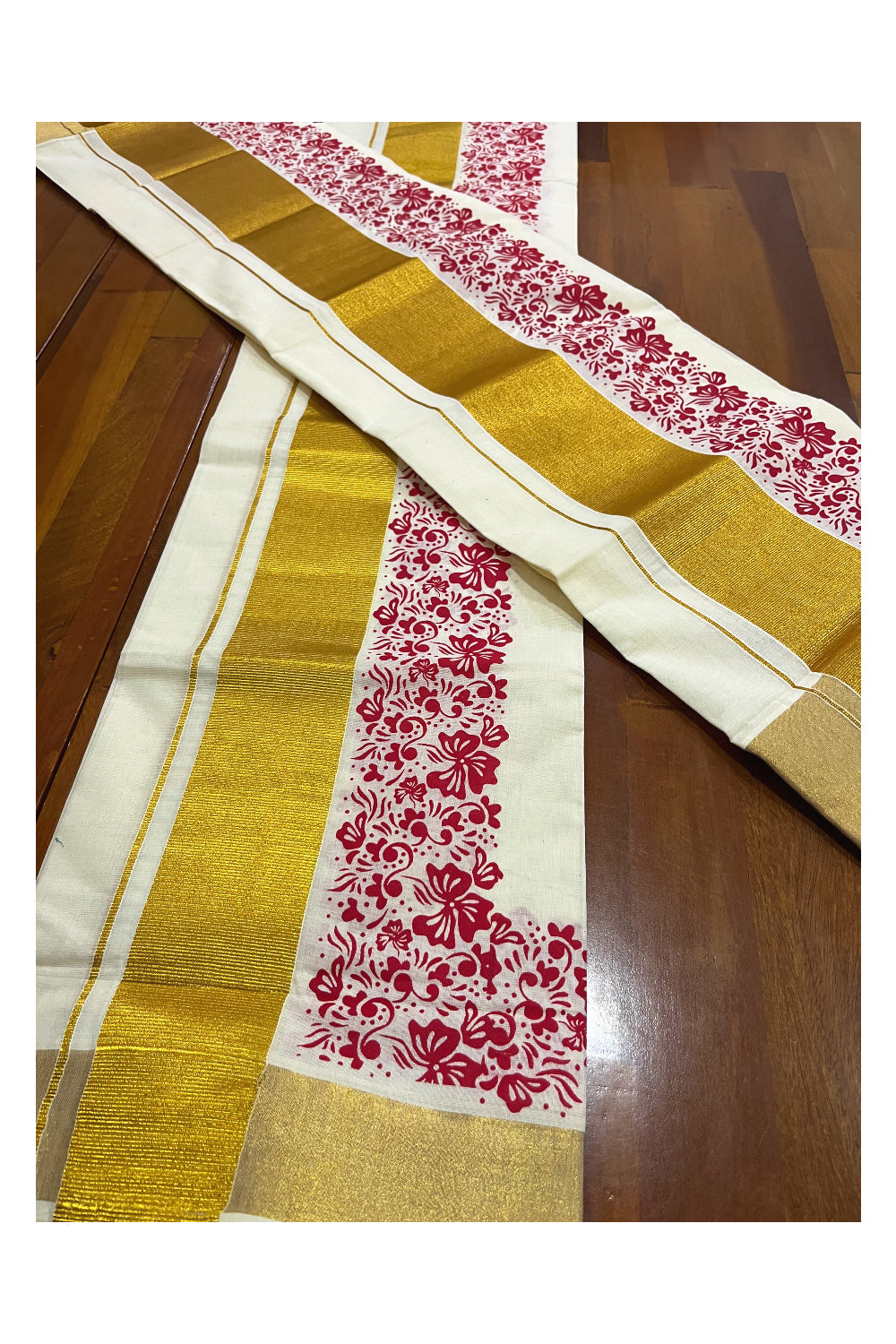 Pure Cotton Kerala Single Set Mundu (Mundum Neriyathum) with Red Block Printed Kasavu Border