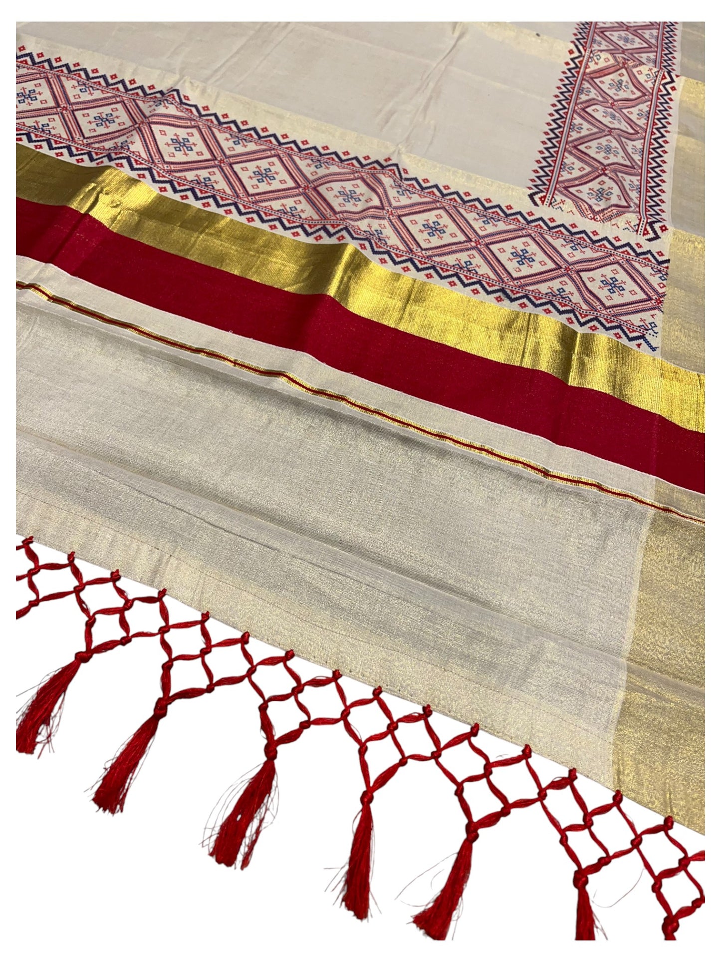 Southloom Kerala Tissue Kasavu Saree Red Hand Printed