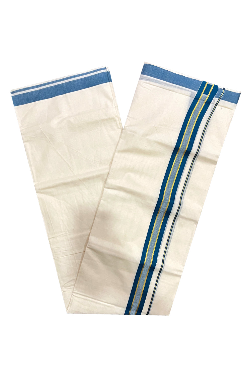 Kerala Pure Cotton Double Mundu with Teal Blue and Kasavu Border (South Indian Kerala Dhoti)