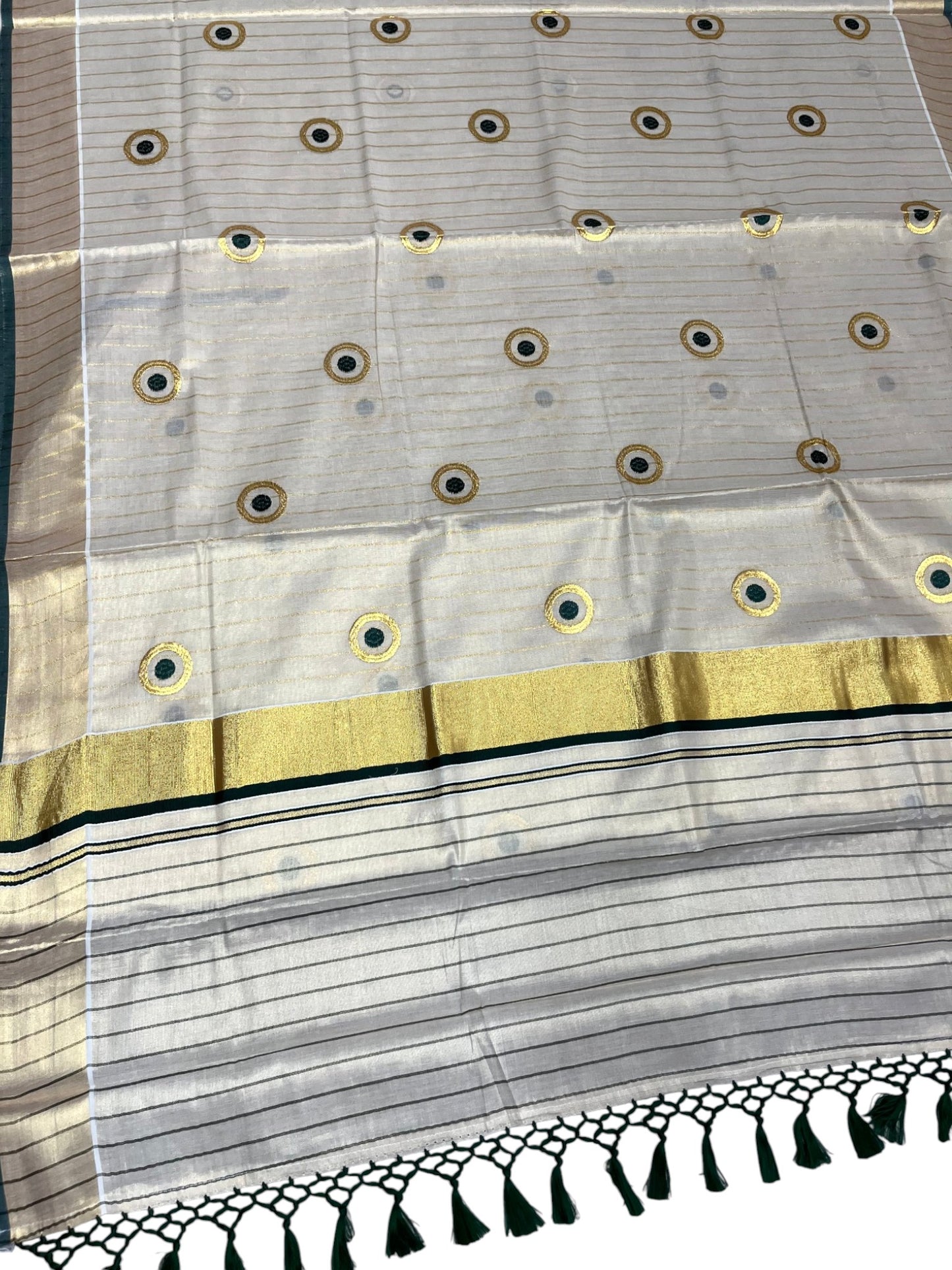 Southloom Kerala Tissue Kasavu Lines Saree with Embroidery Work on Body in Green