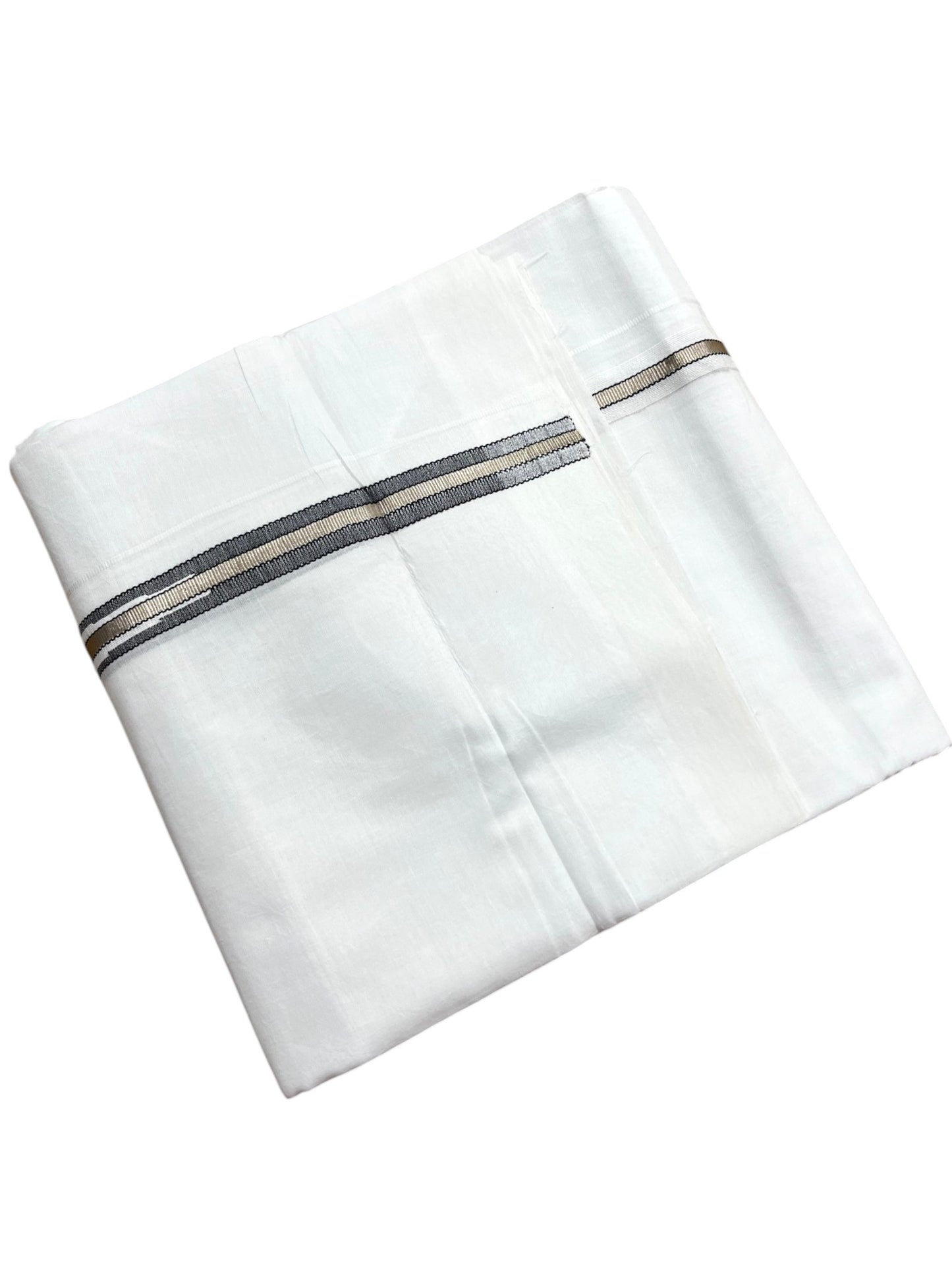 Southloom Pure White Cotton Double Mundu with Silver and Black Chutti Kara (South Indian Dhoti)