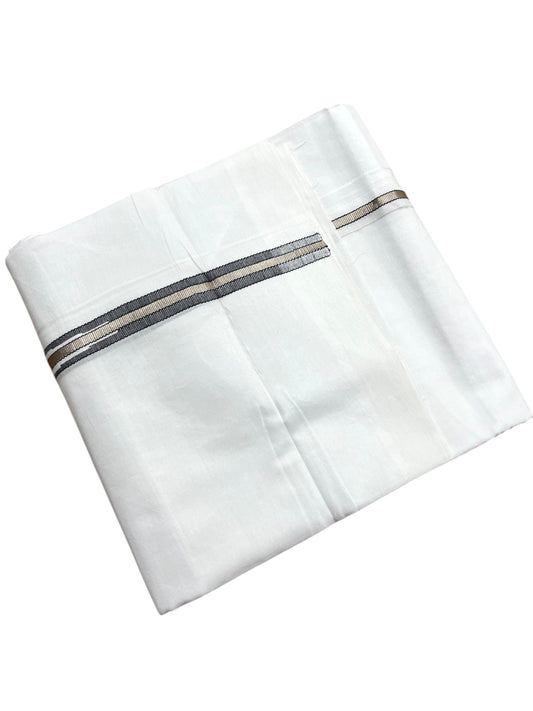 Southloom Pure White Cotton Double Mundu with Silver and Black Chutti Kara (South Indian Dhoti)