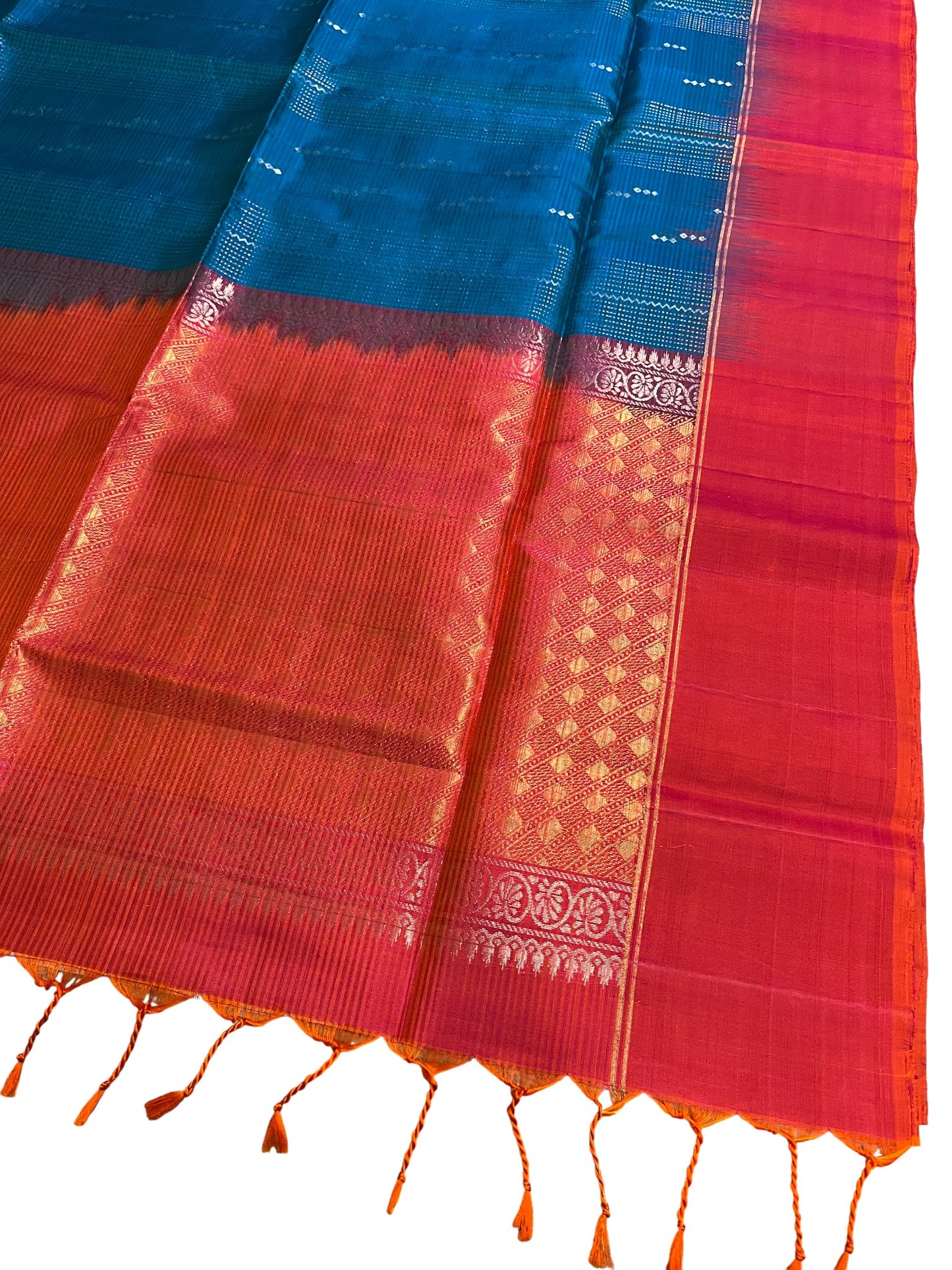 Southloom Pure Handloom Bridal Kanchipuram Silk Saree with Korvai Work (Blue & Orange)