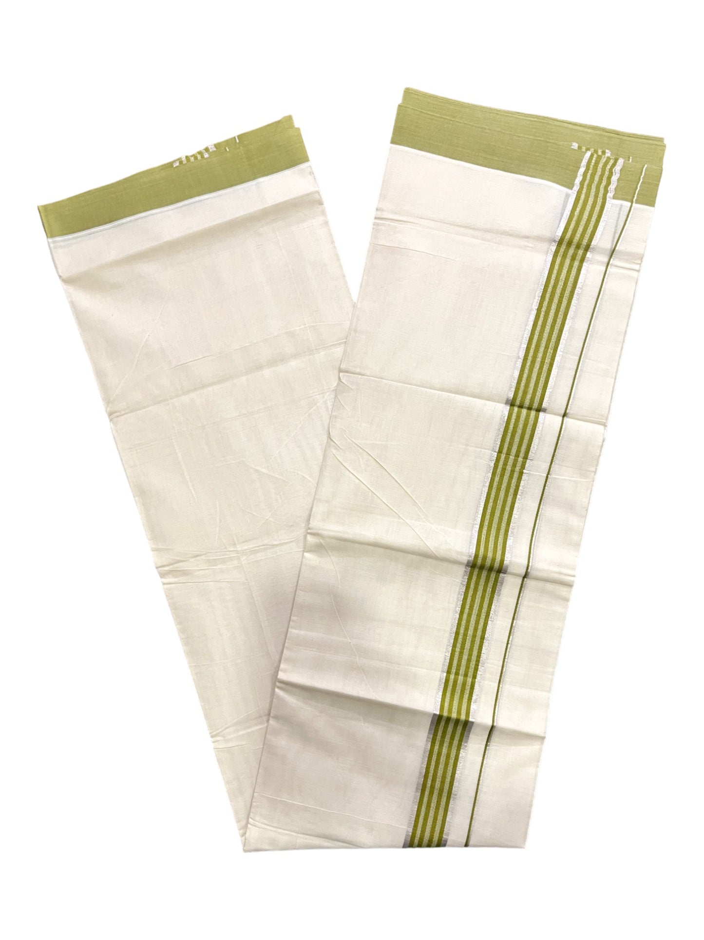 Kerala Pure Cotton Double Mundu with Silver Kasavu and Olive Green Border
