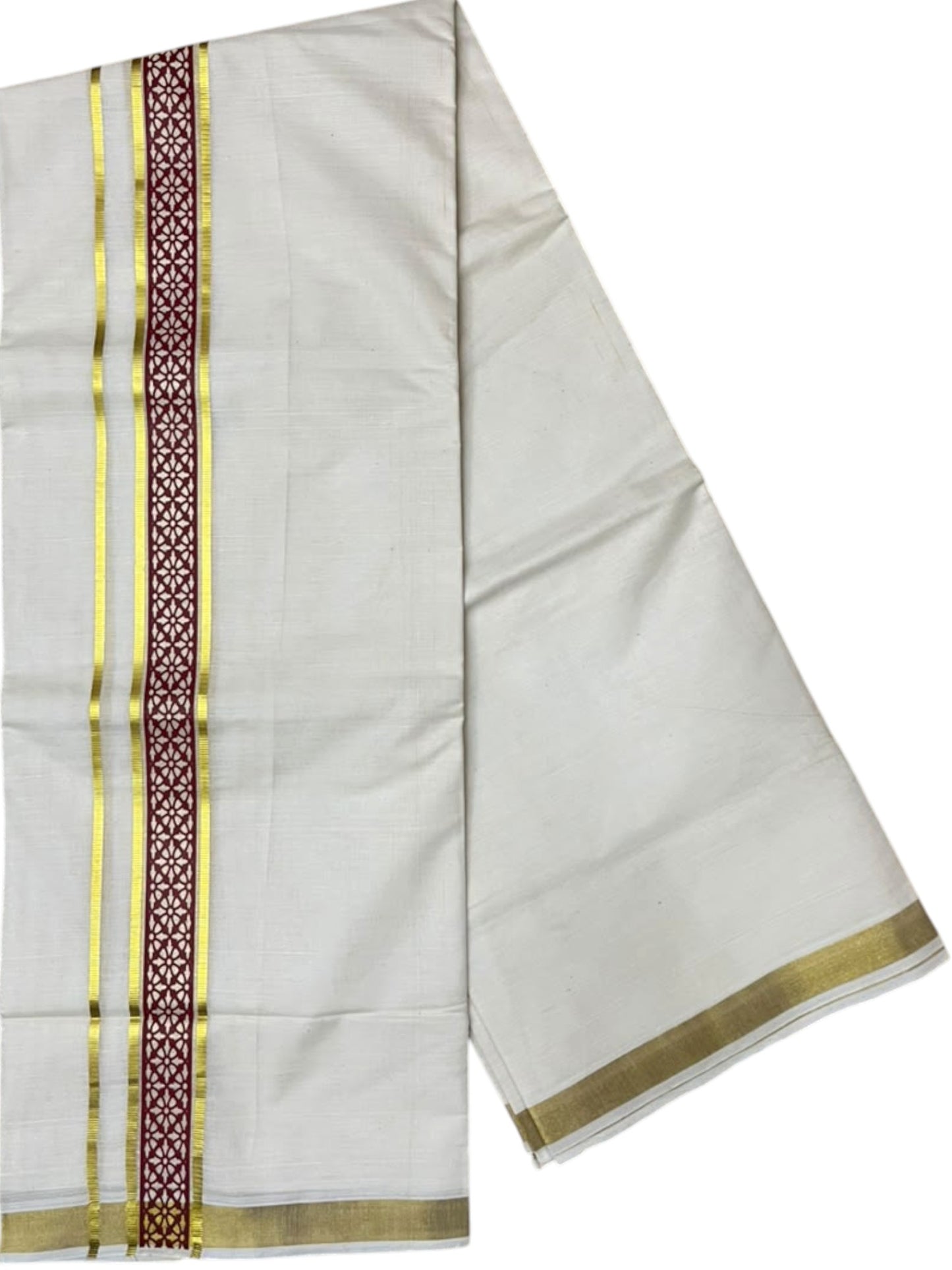 Southloom Pure Cotton Double Mundu with Maroon Block Printed And Ksavu Border (South Indian Kerala Dhoti)
