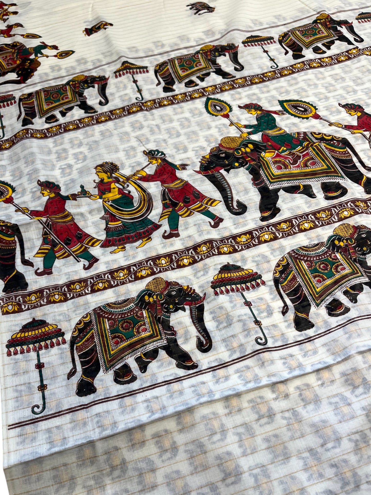 Kerala Cotton  Kasavu Saree With Mural Festival Parasol Stripes and Elephant Design