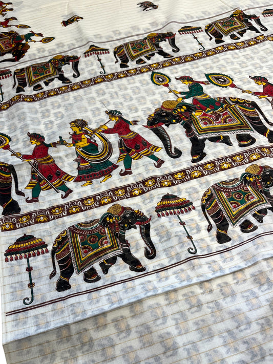 Kerala Cotton  Kasavu Saree With Mural Festival Parasol Stripes and Elephant Design