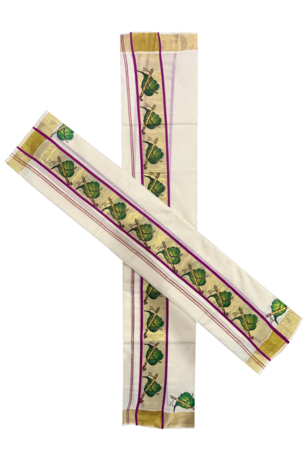 Kerala Cotton Single Set Mundu (Mundum Neriyathum) with Leaf and Flute Block Prints on Kasavu Violet Border