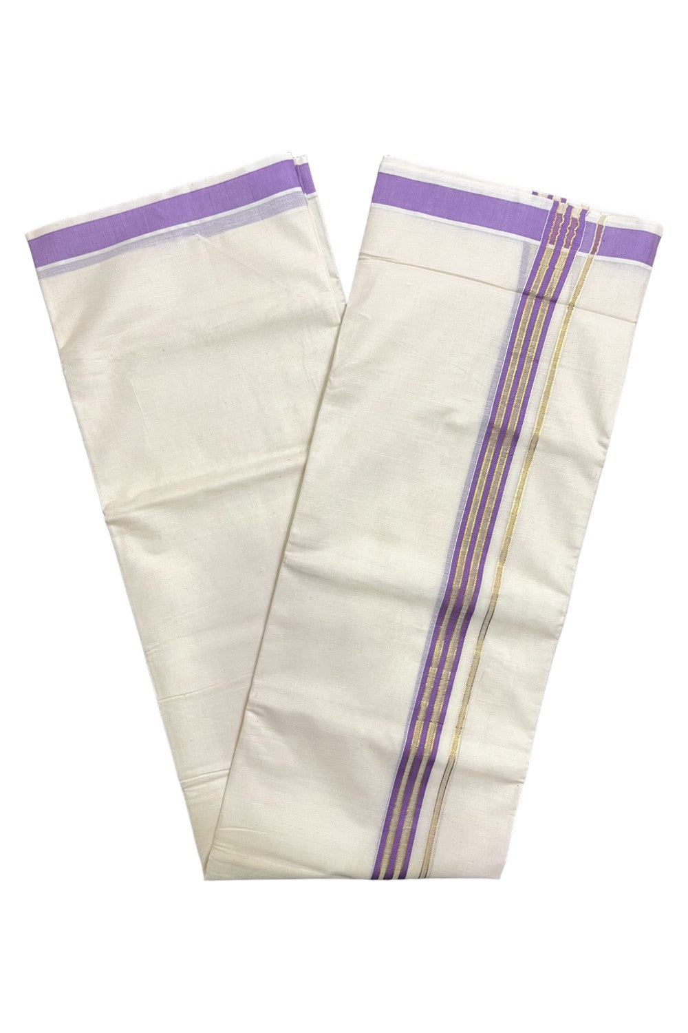 Kerala Pure Cotton Double Mundu with Violet and Kasavu Line Border (South Indian Kerala Dhoti)