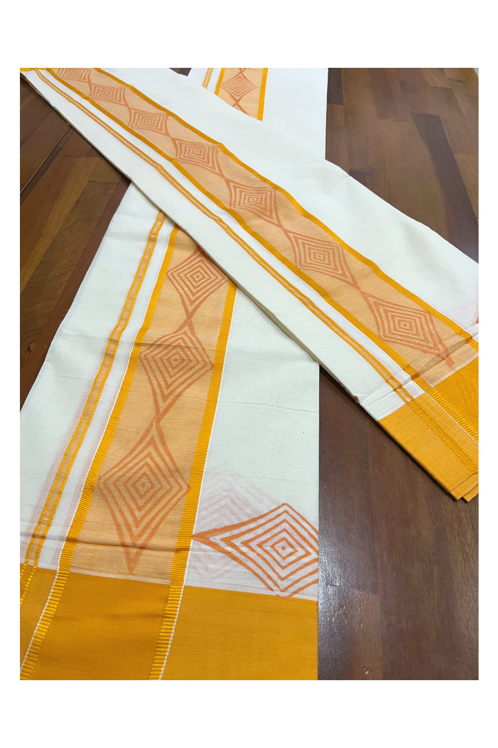 Pure Cotton Kerala Single Set Mundu (Mundum Neriyathum) with Orange Block Printed Border