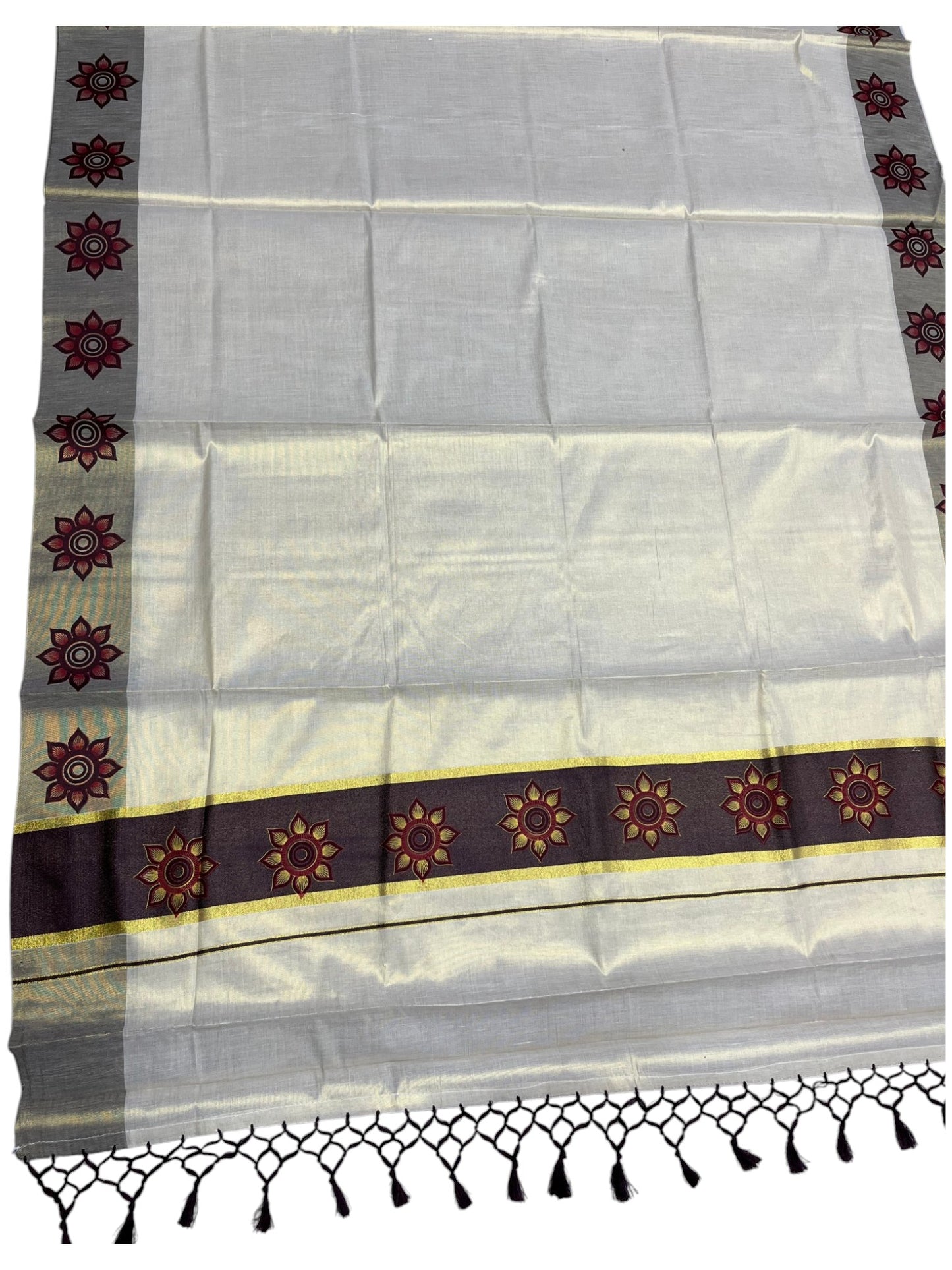 Southloom Kerala Tissue Kasavu Saree with Floral Block Prints in Brown Border