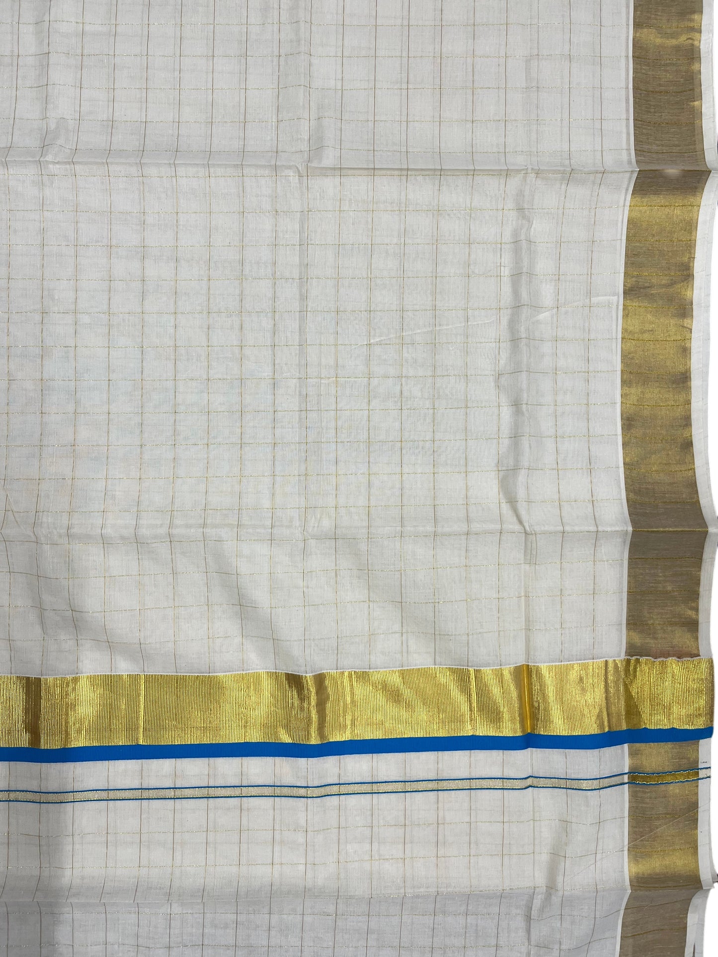 Southloom Pure Cotton  Kerala  Kasavu Woven Check Saree with Blue Border