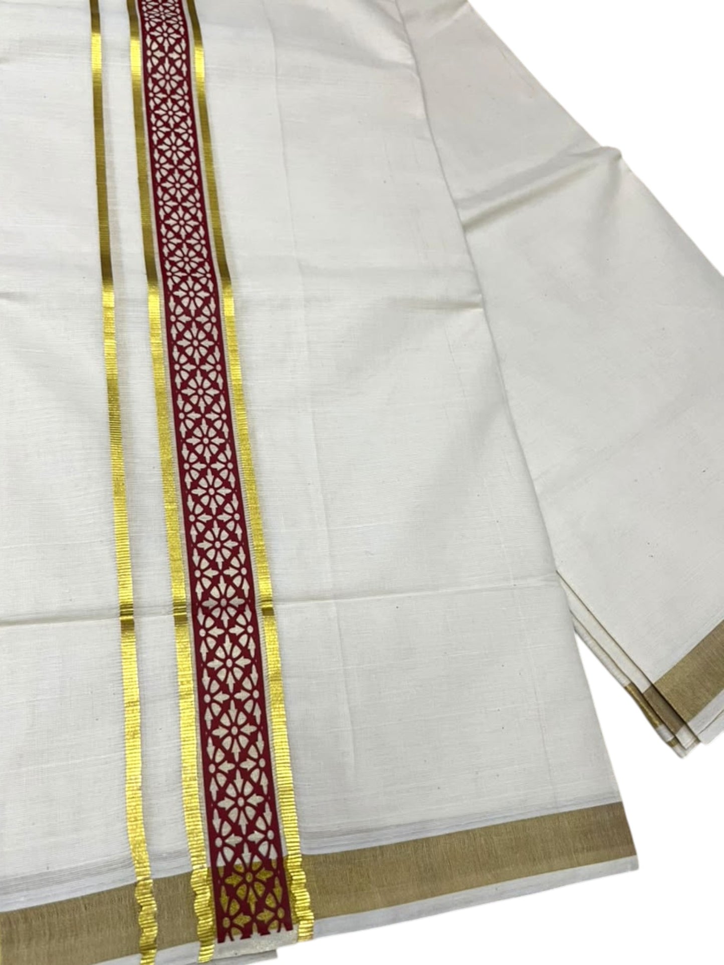 Southloom Pure Cotton Double Mundu with Maroon Block Printed And Ksavu Border (South Indian Kerala Dhoti)
