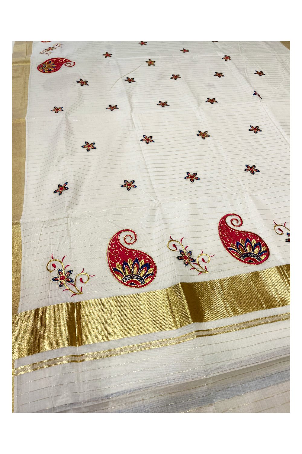 Southloom Kerala Cotton Kasavu Lines Saree with Paisley Embroidery Works on Body