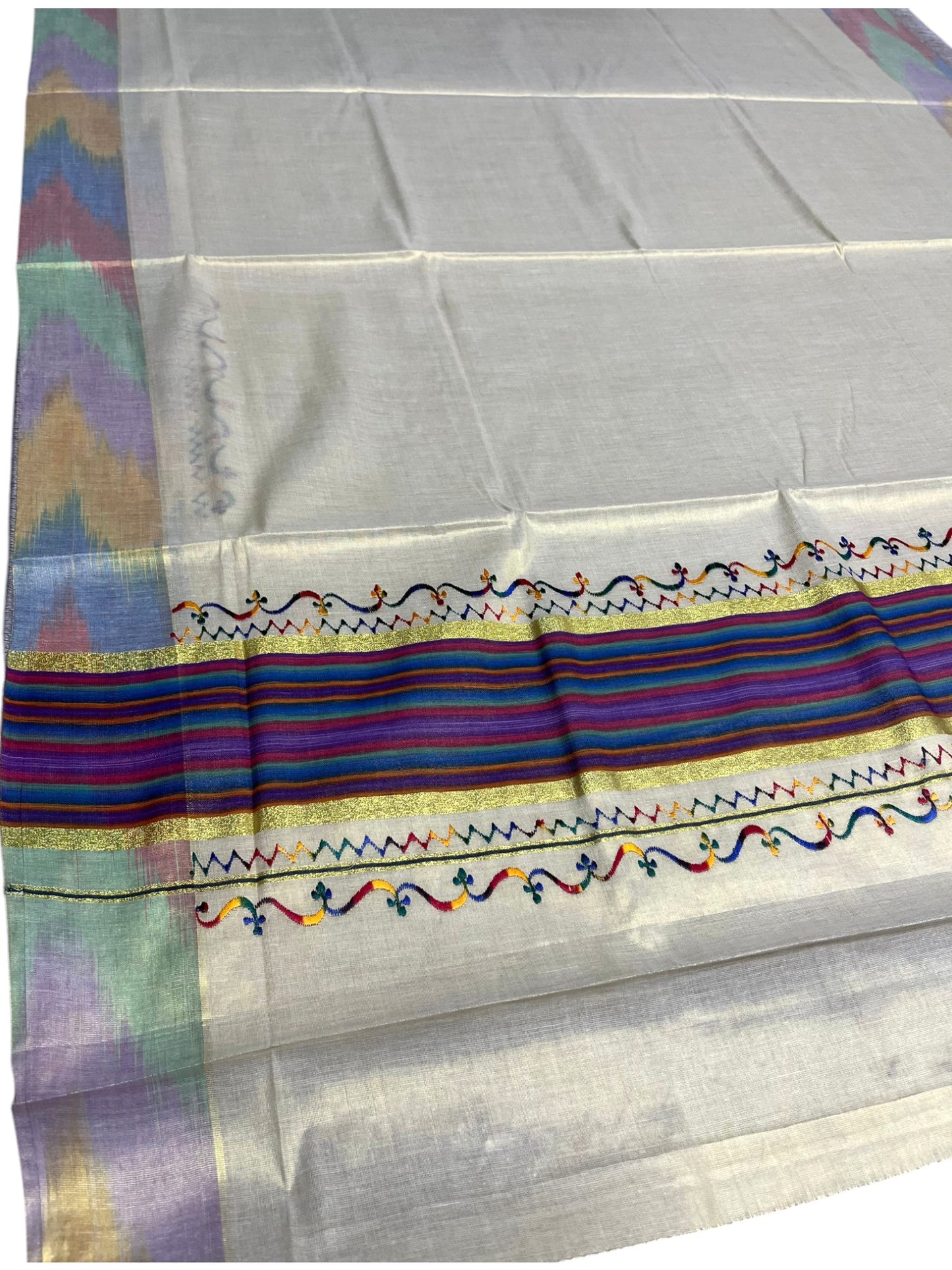 Southloom Kerala Tissue Kasavu Saree with Multi Colour Pochampally Design on Borders and Kara