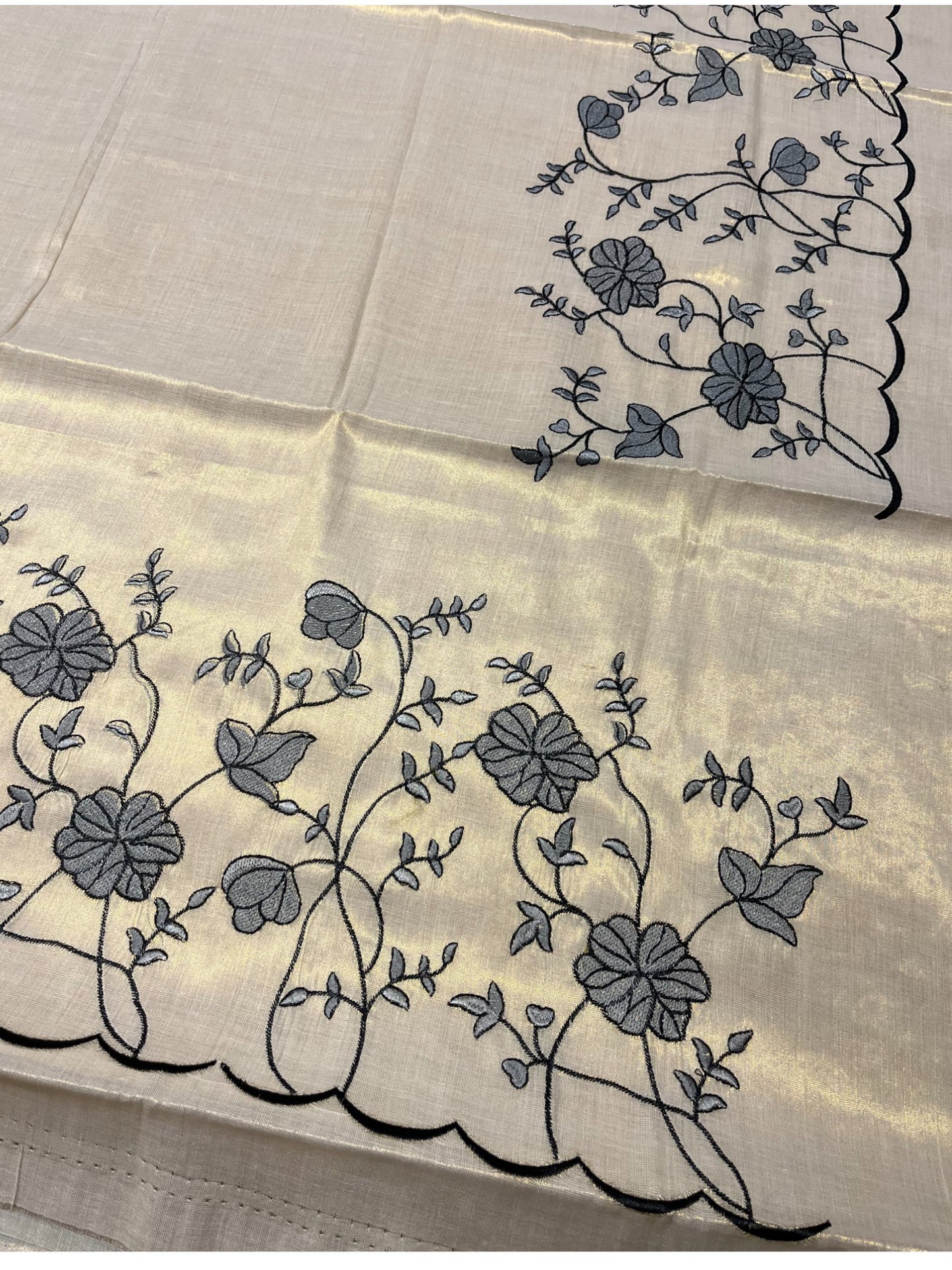 Southloom Cotton Kerala Saree with Grey Floral Embroidery Design on Border