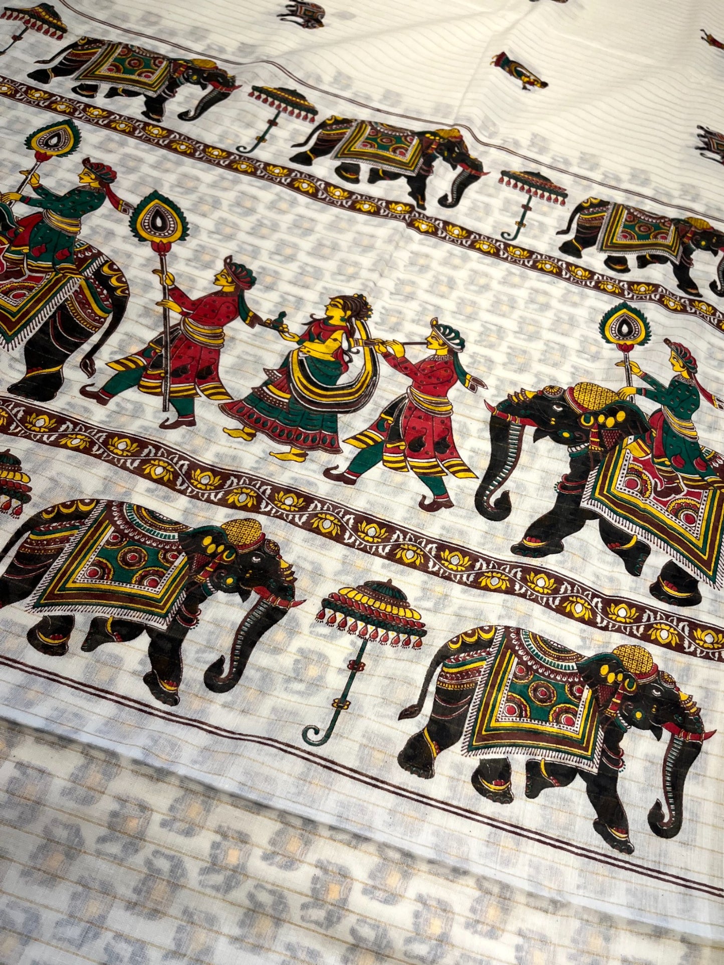 Kerala Cotton  Kasavu Saree With Mural Festival Parasol Stripes and Elephant Design