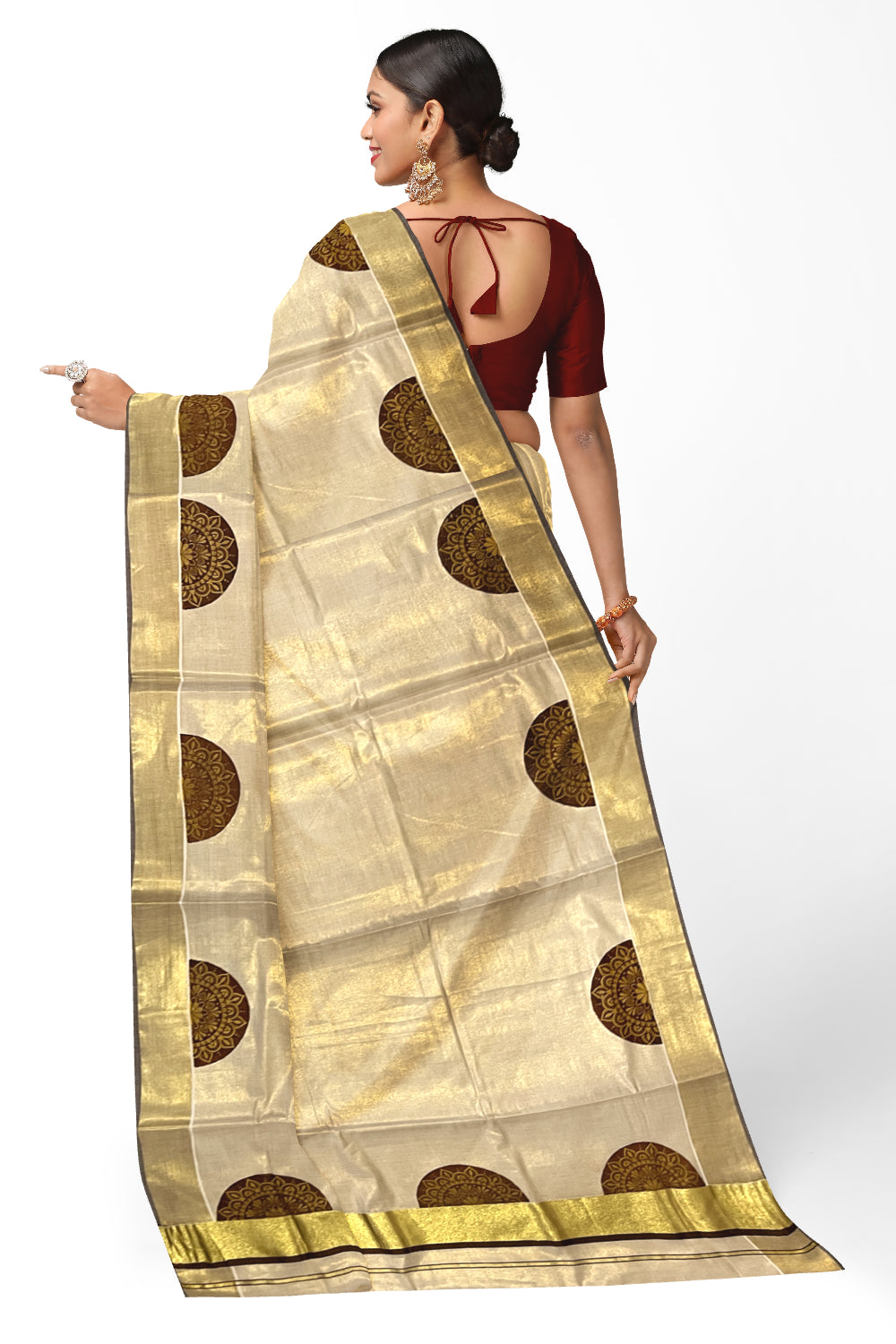 Kerala Tissue Kasavu Saree with Brown Block Prints and Kasavu Brown Border