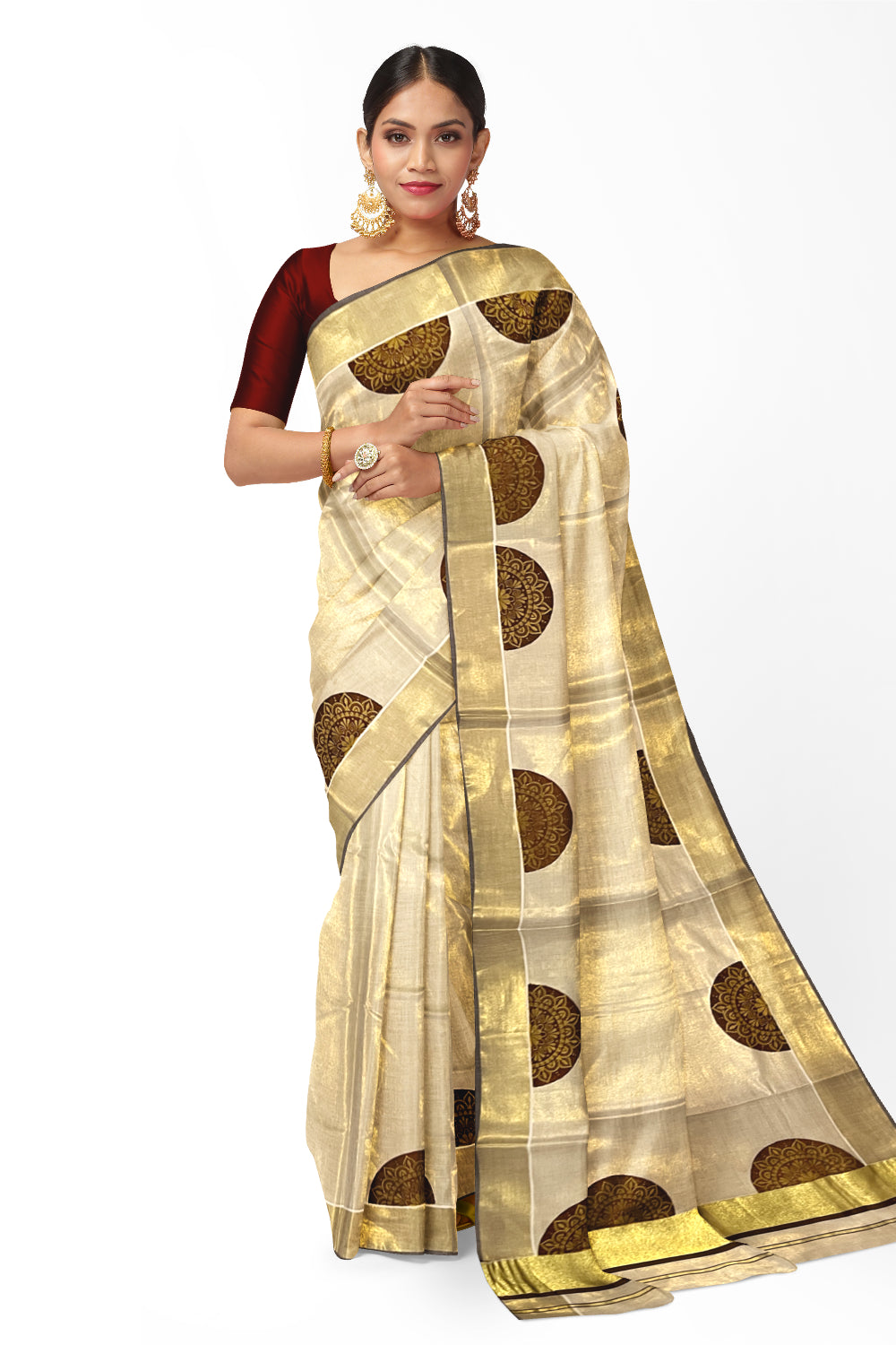 Kerala Tissue Kasavu Saree with Brown Block Prints and Kasavu Brown Border