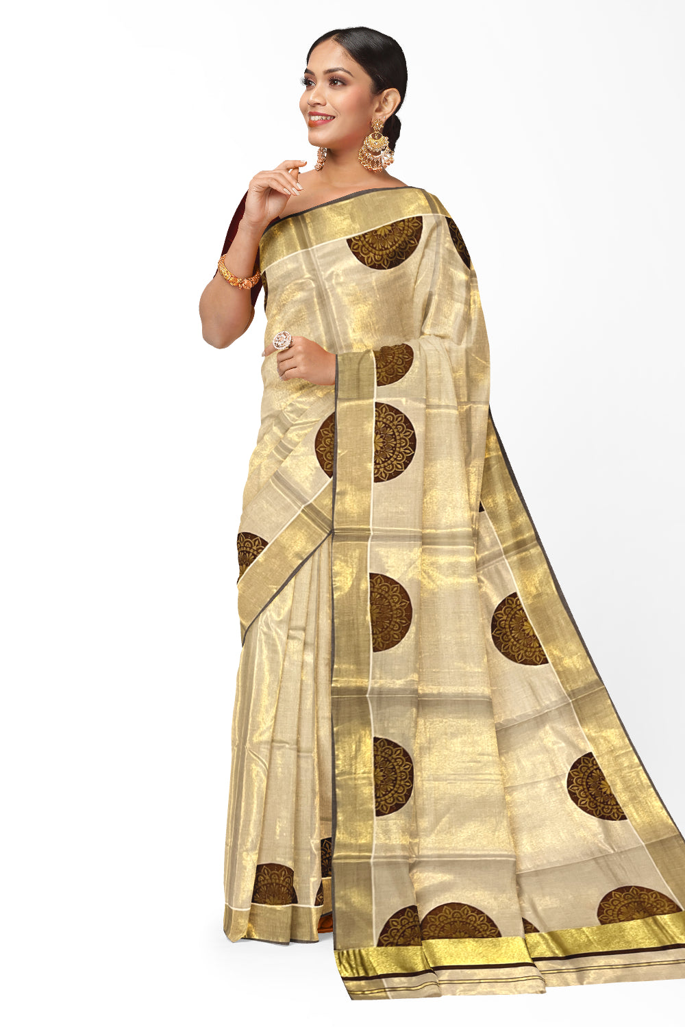 Kerala Tissue Kasavu Saree with Brown Block Prints and Kasavu Brown Border