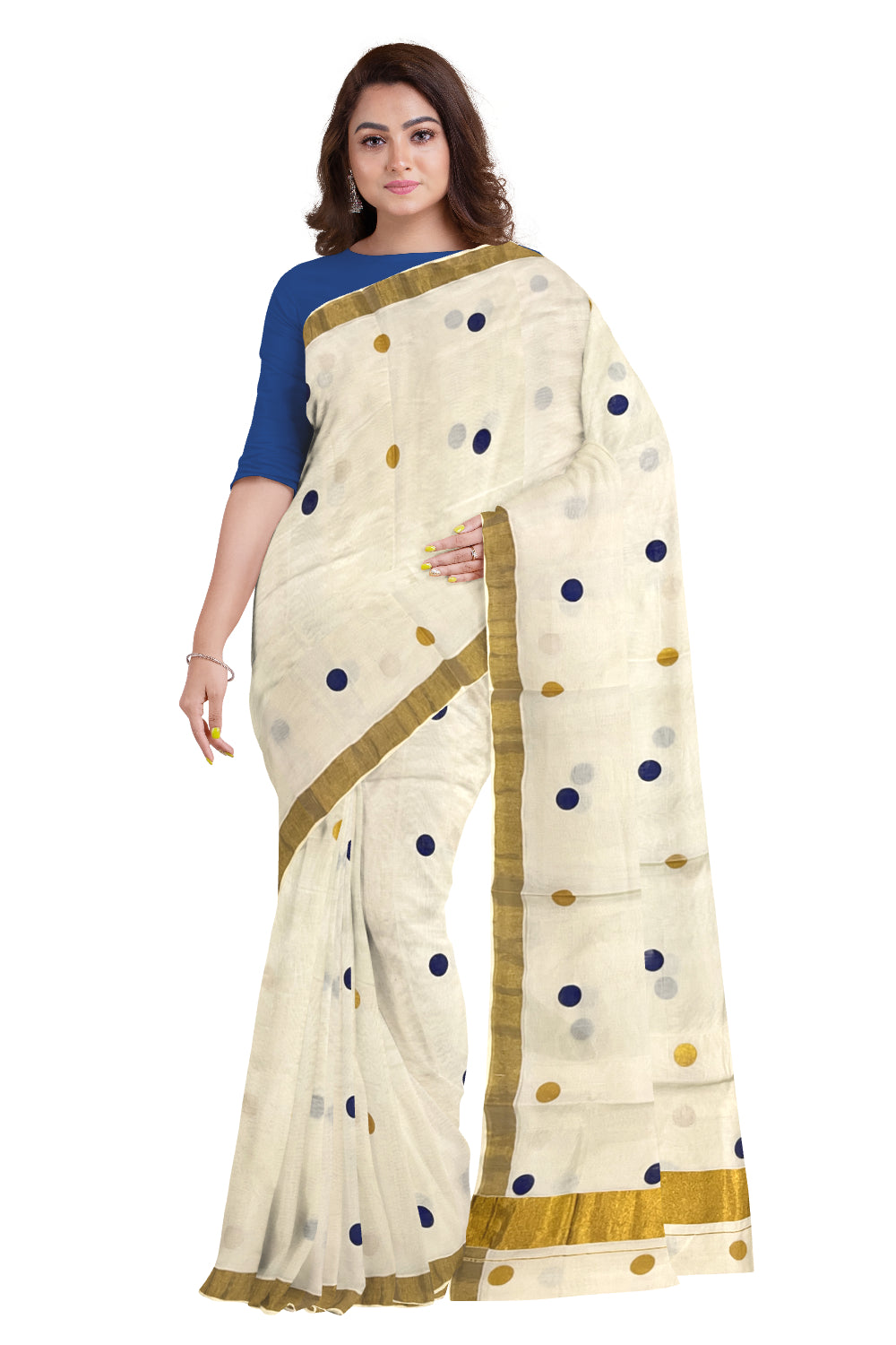 Pure Cotton Off White Kerala Kasavu Saree with Blue and Golden Polka Block Printed Design