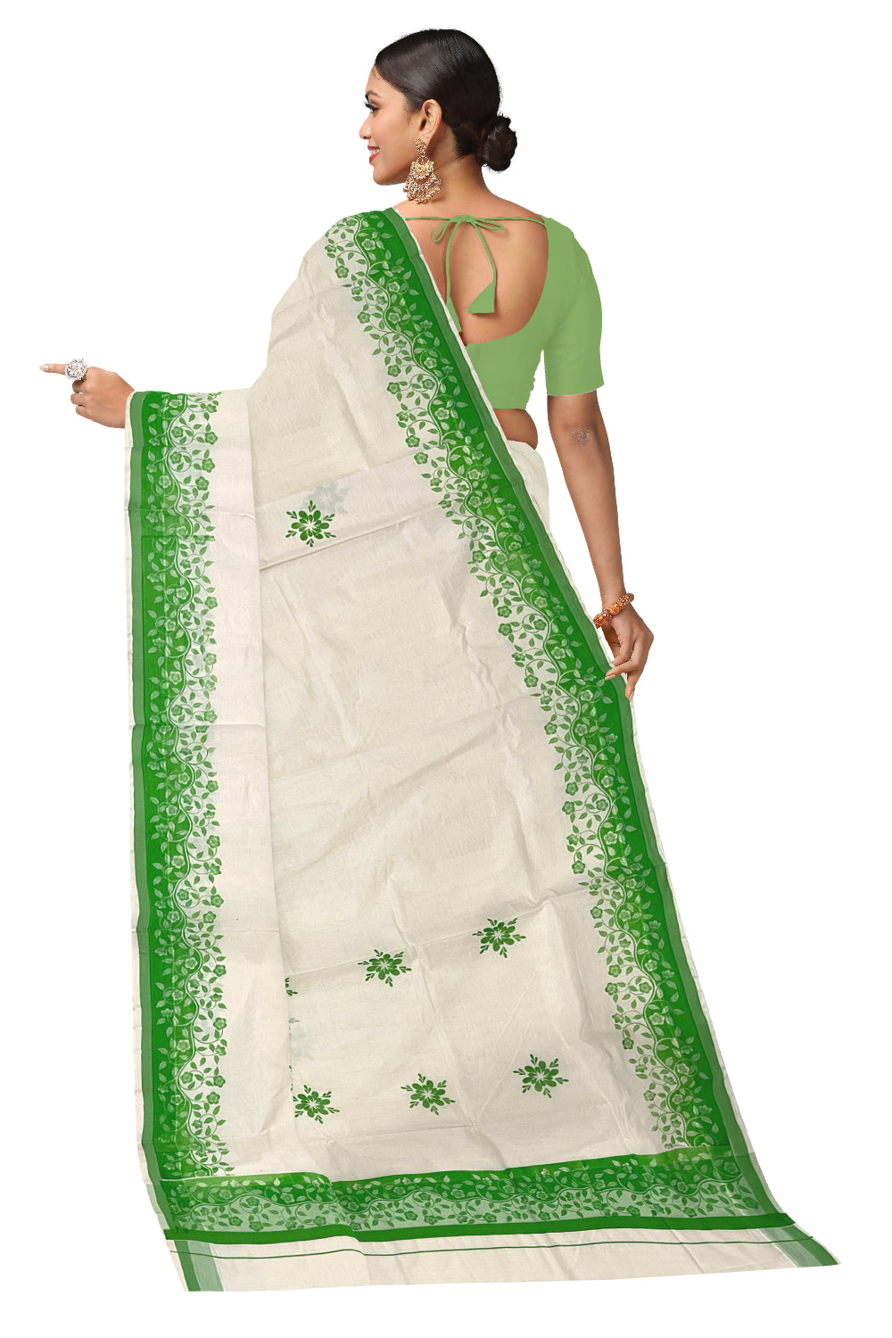 Kerala Cotton Saree with Light Green Floral Block Prints on Border (Onam Saree 2023)