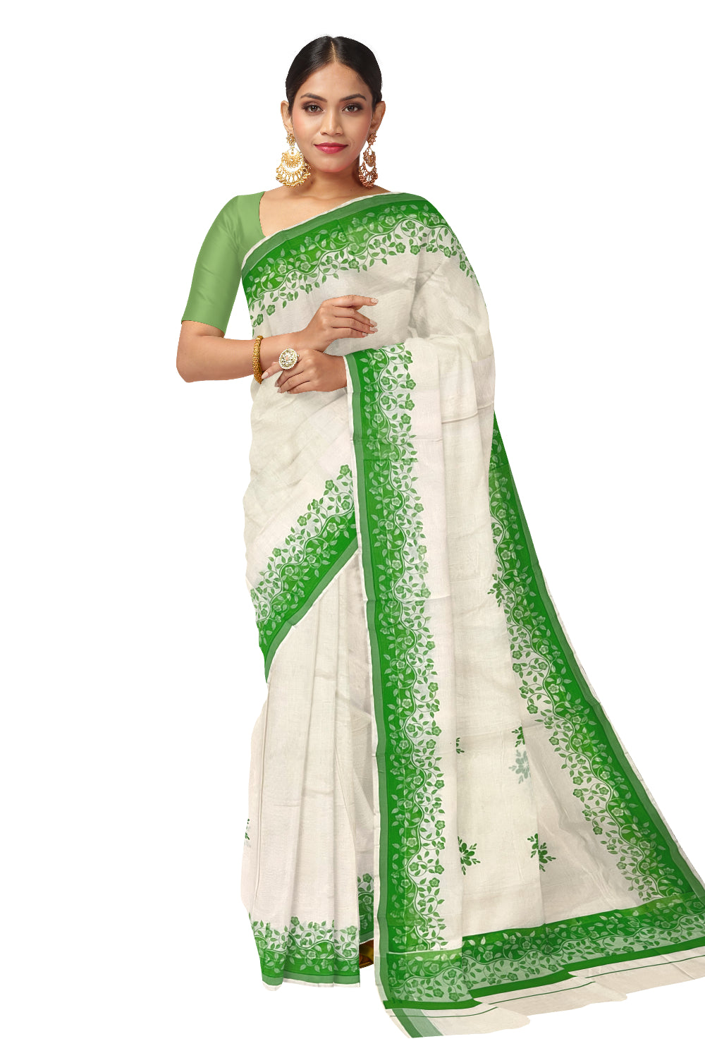 Kerala Cotton Saree with Light Green Floral Block Prints on Border (Onam Saree 2023)