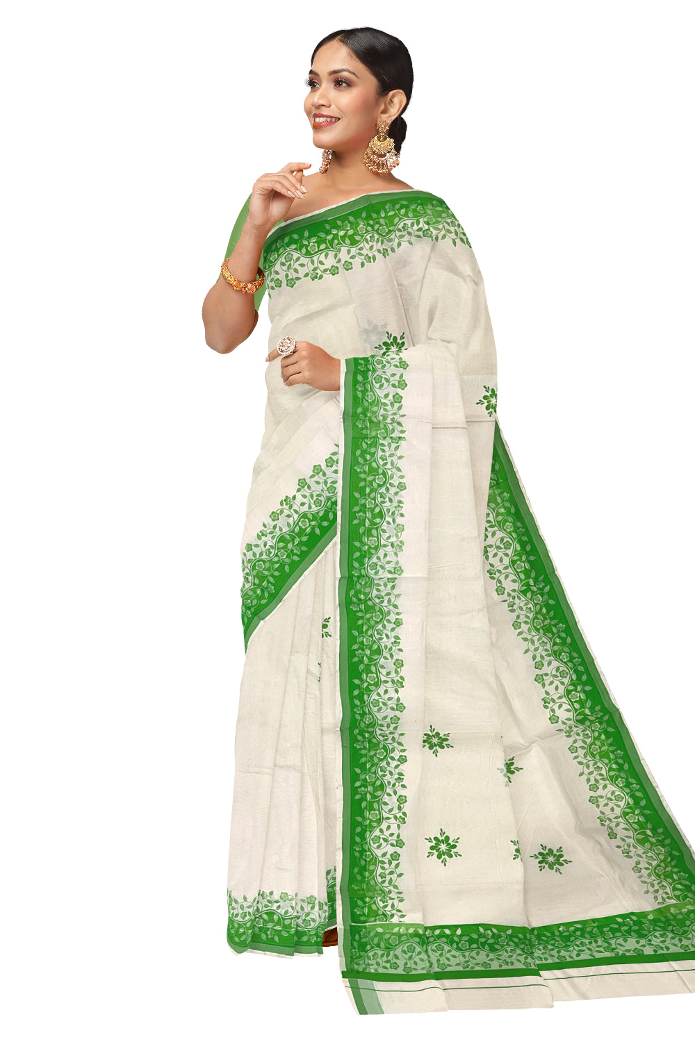 Kerala Cotton Saree with Light Green Floral Block Prints on Border (Onam Saree 2023)