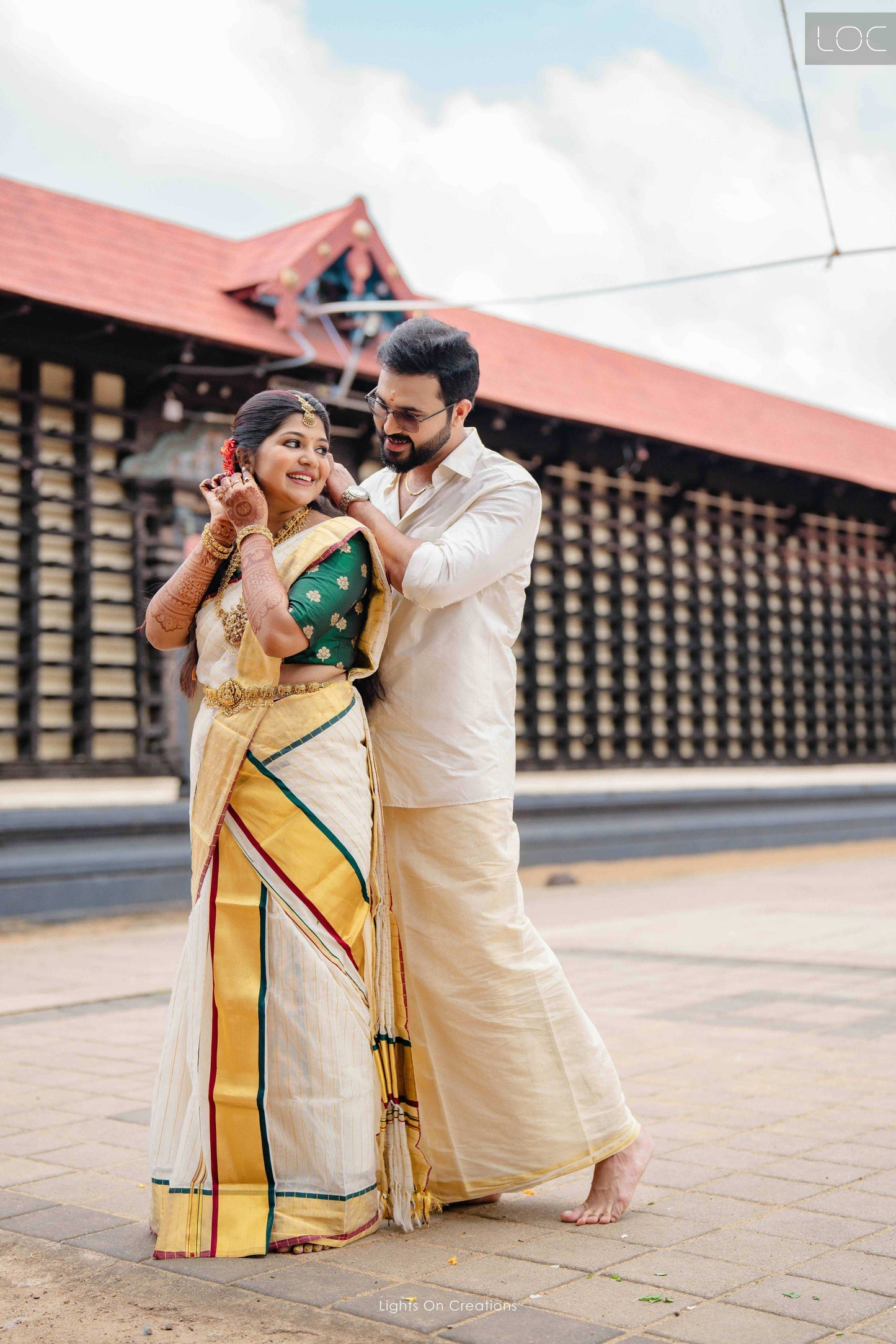 Southloom Handloom Premium Single Set Mundu (Mundum Neriyathum) with Kasavu Lines Across Body with Maroon and Green Kasavu Border 2.80 Mtrs