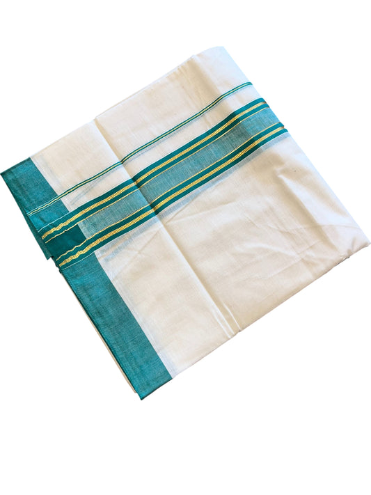 Southloom Pure Cotton Off White Double Mundu with Gold Kasavu And Green Border(South Indian Kerala Dhoti)
