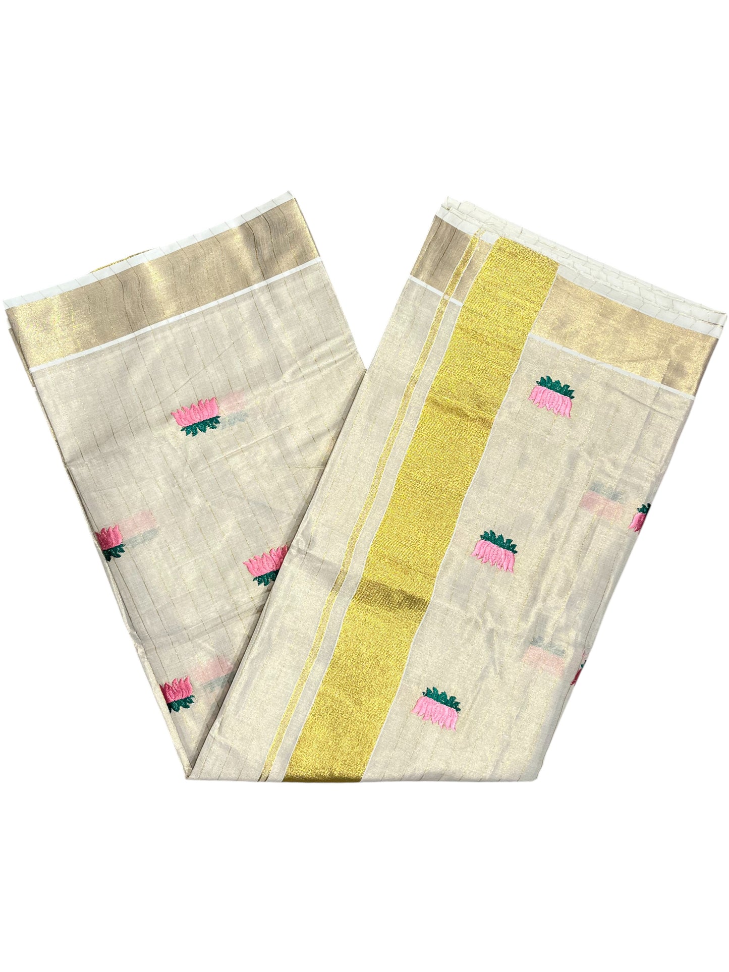 Southloom Lotus Pink and Green Embroidery Tissue Kerala Saree