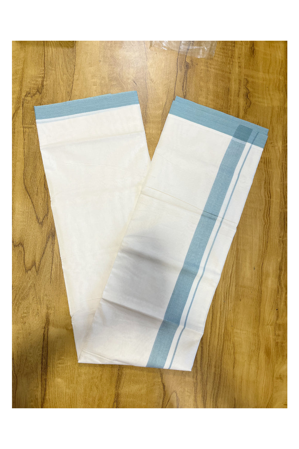 Pure Cotton Mundu with Blue Lines and Grey Border (South Indian Kerala Dhoti)